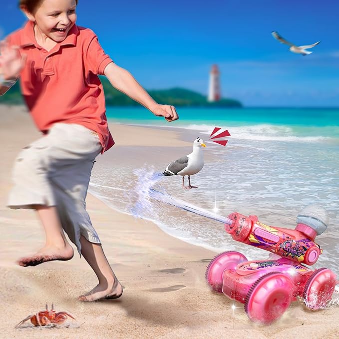 BEZGAR Amphibious Remote Control Car Toys for Ages 6-8, Rc Stunt Car with Water Gun for Boys and Girls 8-12, Remote Control Boat with Light Beach and Pool Toys for Kids (Pink)