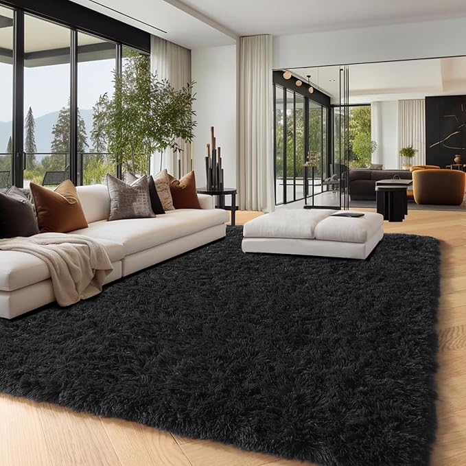 PAGISOFE 6x9 Fluffy Bedroom Rugs Black Modern Living Room Machine Washable Area Rug Fuzzy Shaggy Carpet Indoor Plush Nursery Rugs for Kids Room Furry Floor Rug for Boys Carpet for Teen Dorm Room Decor