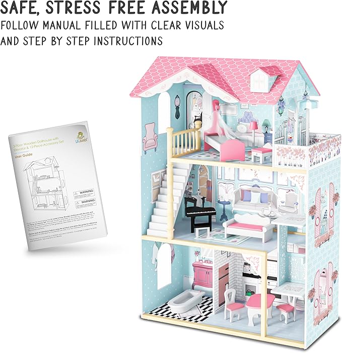 Lil' Jumbl Kid's Wooden Pink Dollhouse with Elevator, Balcony & Stairs, Accessories & Furniture Included, 3 Story Easy to Assemble Dollhouse Toy - X-Large
