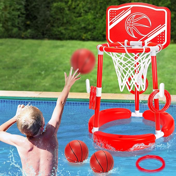 Pool Basketball Hoop, 2-in-1 Poolside Floating Pool Basketball Game, Swimming Pool Games for Kids Adults Indoor Outdoor Play, Water Play Toy Family Party, includes Hoop, Balls, Pump, Backboard, Red