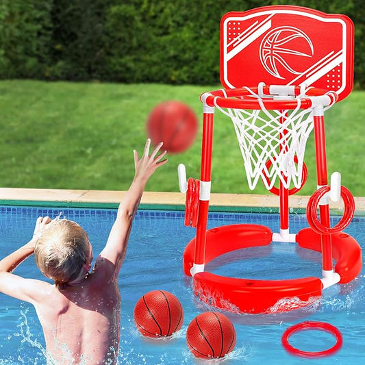 Pool Basketball Hoop, 2-in-1 Poolside Floating Pool Basketball Game, Swimming Pool Games for Kids Adults Indoor Outdoor Play, Water Play Toy Family Party, includes Hoop, Balls, Pump, Backboard, Red