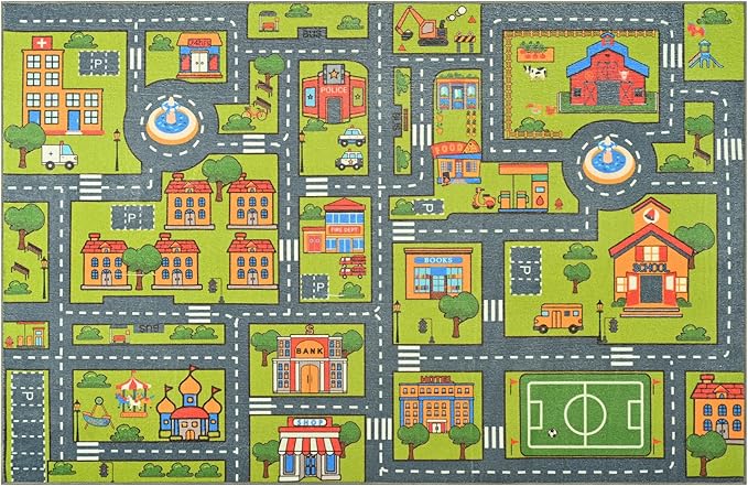 Merelax 4x6 Kids Car Rug Grey Green Area Rugs for Living Room Playroom Classroom Bedroom, Non Slip Kids Play mat Washable Rug, Educational City Traffic Road Map Fun Car Carpet for Ages 3-12