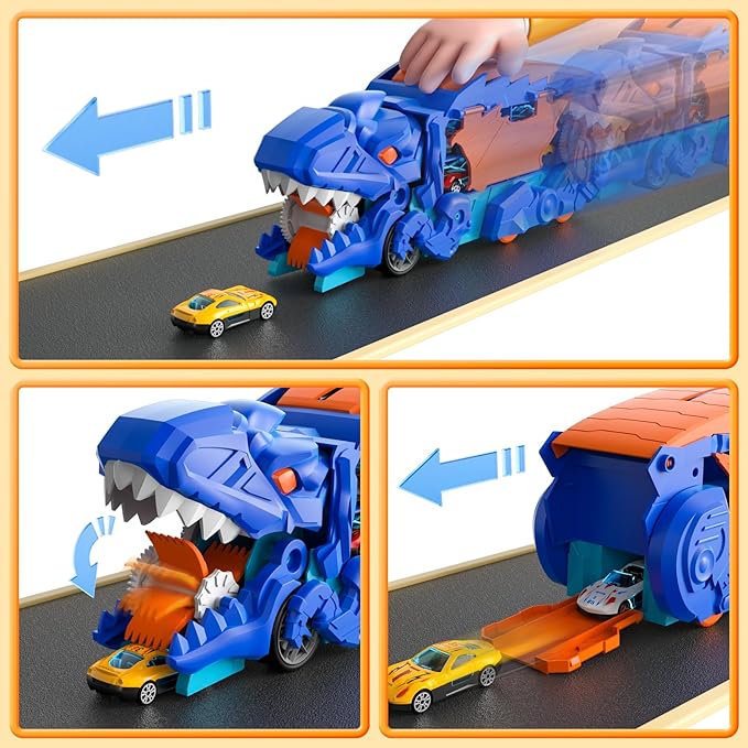 iHaHa Toddler Truck Toys for 3 4 5 6 Years Old Boys, Toys Cars Track Set Dinosaur Transporter Truck with 10 Die-Cast Car Toys, Transforms into Dino, Toddler Car Toys Set for Kids Boys Girls