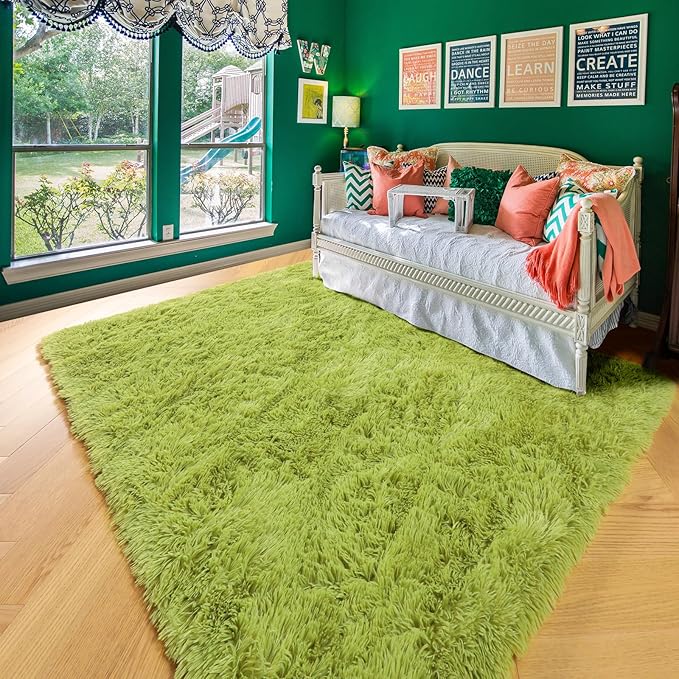 Amdrebio Grass Green Area Rugs 8x10 for Living Room Bedroom, Large Shag Fluffy Plush Rugs for Kids Room Baby Nursery Decor, Moss Fuzzy Fur Modern Floor Rug for Teen Boys, Shaggy Fuzzy Cool Big Carpet