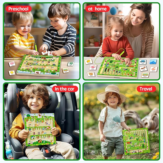 2 in 1 Magnetic Color and Number Maze Magnet Alphabet Counting Dog Puzzle Double Sided Board Fine Motor Skills Montessori Educational Preschool Toys for Boys and Girls 3-5 Age (Wood, One Size)