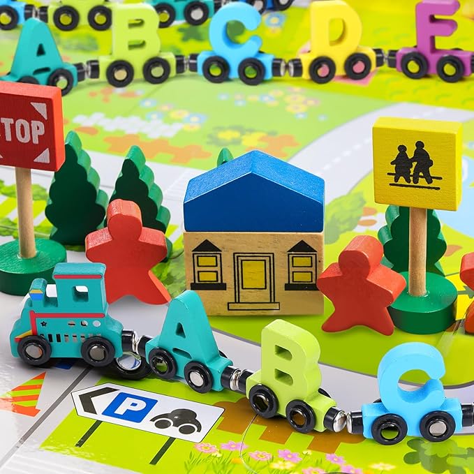 43 Pieces Magnetic Wooden Alphabet Number Toy Trains Set for Kids Toddlers, Including 26 Alphabet and 14 Number Trains with 3 Locomotives, Learning Toys for Kids Toddlers Preschool Learning Gift
