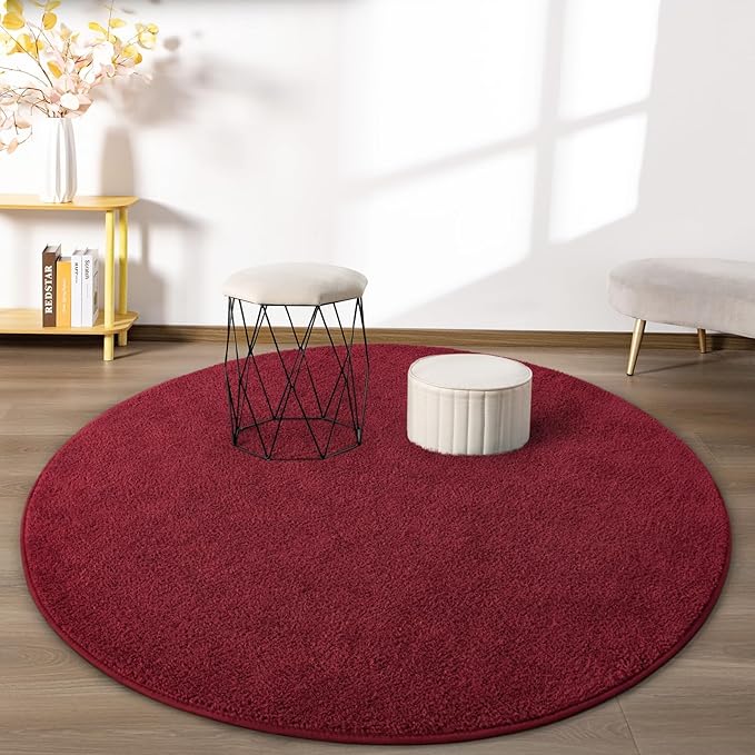 FlyDOIT Round Area Rugs for Bedroom Living Room, 6x6 Rose Red Super Soft Comfy Thickened Memory-Foam Indoor Circle Carpets, Modern Aesthetic Minimalist Carpet for Boys Girls Adults Nursery Home Décor