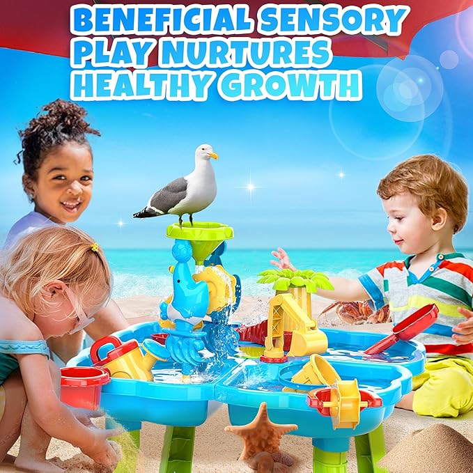 BELLOCHIDDO Water Table for Toddlers 1-3 - 4 in 1 Kids Play Water and Sand Outdoor Activity Sensory Playset with 12 Pcs Toys - Summer Beach Pool Backyard Garden Gifts for Boys Girls 1.5+ Years Old