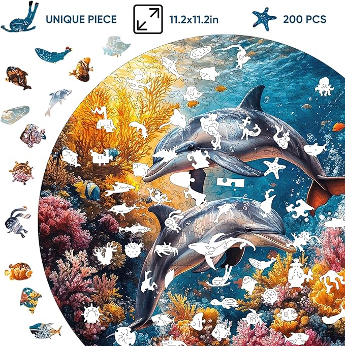 Wooden Puzzles for Adults, Dolphin Wooden Jigsaw Puzzles 500 Pieces, Royal, 16.5 in Unique Shape Ocean Puzzle, Irregular Puzzle Creative for Adults and Kids Family Games