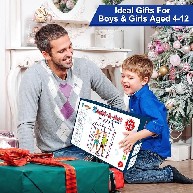 V-Opitos Fort Building Kits for Kids, 140 PCS STEM Construction Toys, Christmas, Birthday Gifts for 4, 5, 6, 7, 8, 9, 10, 11, 12 Years Old Boys & Girls, Indoor & Outdoor Play Tent Activity