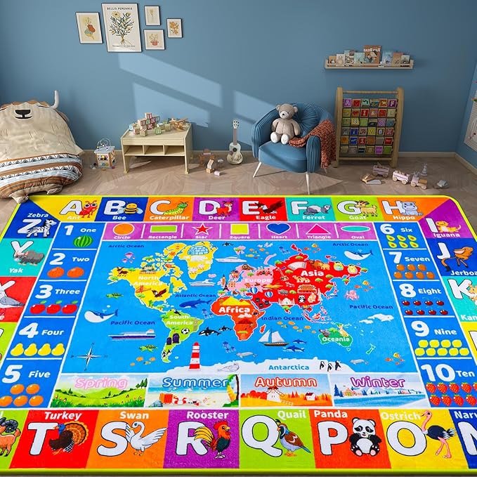 World Map ABC Kid Rug for Playroom 78.7"×59" Geography Classroom Play Rug Educational Baby Playmat Alphabet Mat for Primary School Fluffy Non-Slip Preschool Carpet Nursery Room Elementary Learning