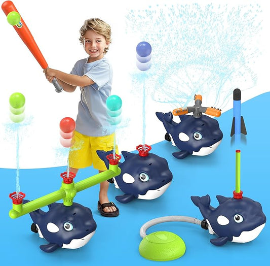 4-in-1 Whale Water Sprinkler Baseball Set for Kids,Summer Water Toy with 3 Jets, 4 Balls and Rocket Launch Game, Kids Sprinklers with 360° Rotating Sprinkler,Outdoor Water Toys for Age 3+ Years