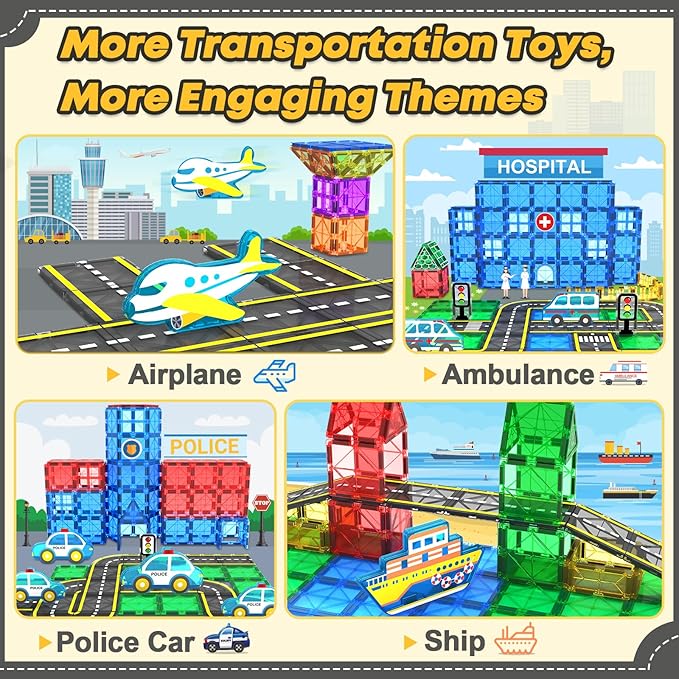 Magnetic Tiles Road Cars Toys Magnetic Building Blocks Boys Toys Road & Train Track Expansion Pack Magnetic Building Blocks Construction Toys Kids Toys for Ages 3-12 Boys Girls Building Toy