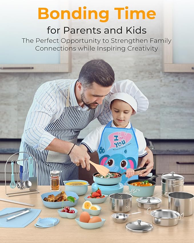 Kids Cooking Sets Real, Kid Safe Montessori Mini Tools Includes Stove Burner, Knife ect for Aged 8-12 Boys Girls Food Making, Easy for Beginners, Education Toys-Blue