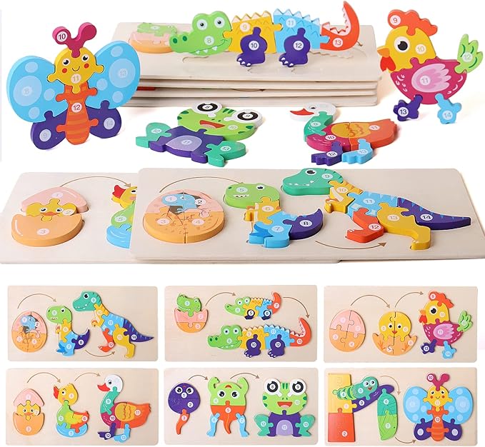 SHIERDU 6-Pack Wooden Animal Growth Puzzle Puzzles for Kids Ages 3-5 Montessori Toys for 3 4 5 Year Olds Gifts for 2-4 Year Old Boys Girls