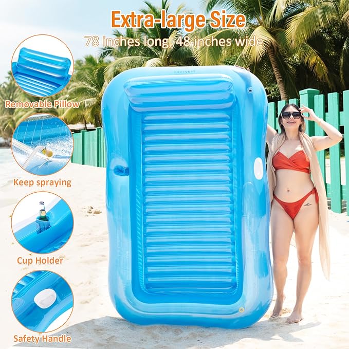 Inflatable Tanning Pool Lounger Float with Sprinkler, 78" x 48" Pool Floats Adult with Pillow, 3 in 1 Blow Up Tanning Bed, Suntan Tub Raft Floatie for Pools, Beach, Backyard Summer Water Party