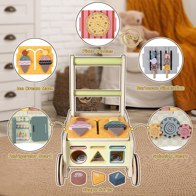 Baby Push Toys, Wooden Play Kitchen Food Cart, Montessori Acitivty Center Walker Toys for 1 2 Year Old Girl Boys Gifts