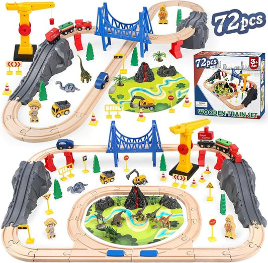 Wooden Train Set for Toddlers & Kids, 72Pcs Wooden Train Track with Crane, Expandable Toys Train Set for 3 4 5 6 7 Years Old Boys & Girls Christmas Birthday Gifts - Fits All Major Brands Railway Set