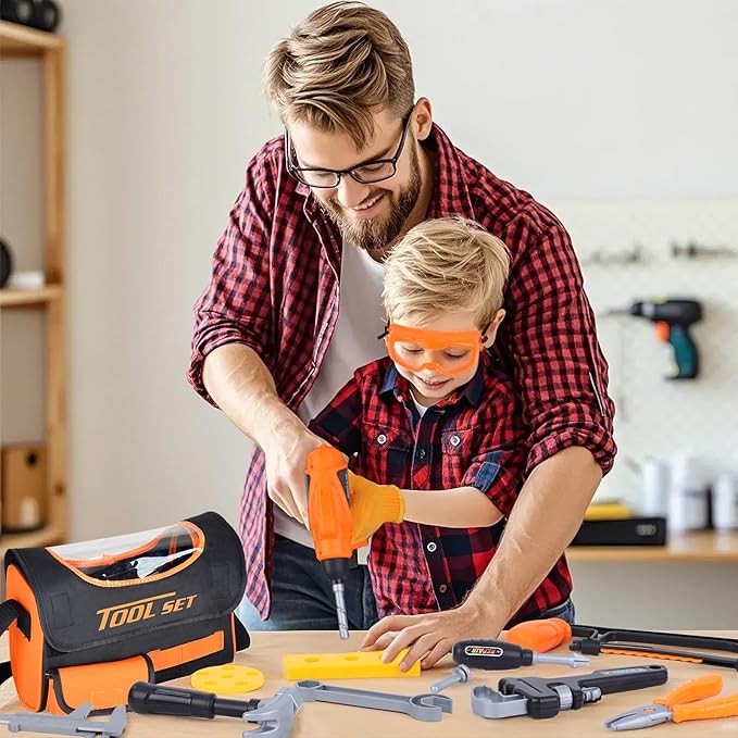 Magic4U 52PCS Toddler Tool Set with Electric Drill Toy & Kids Tape Measure, Pretend Play Construction Toys Costume with Kids Tool Belt, Toy Tool Bag for Boy Girls Age 3-8