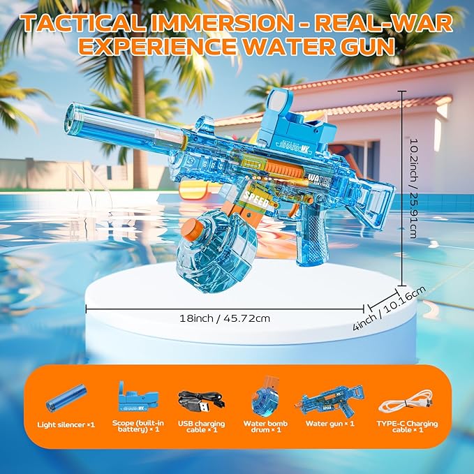 Electric Water Gun for Adults Kids, Automatic Squirt Watergun Pistol with Led Lights, Summer Outdoor Pool Beach Party Toys, UMP45 Blue