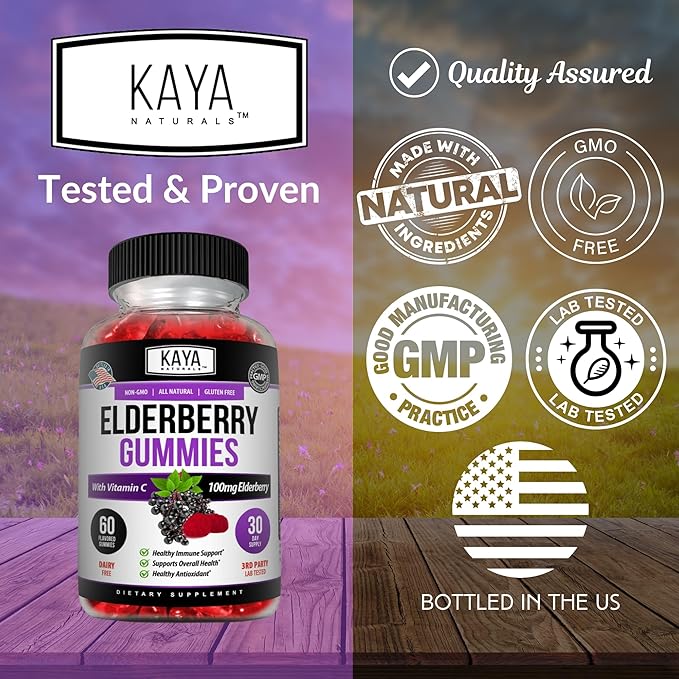 Kaya Naturals Immune Support - Powerful Immune & Healthy Antioxidant Vitamin Supplement Booster with Vitamin A, C, D & E, Elderberry, Zinc, Electrolytes, Non-GMO, Lemon Flavor (60 Gummies)
