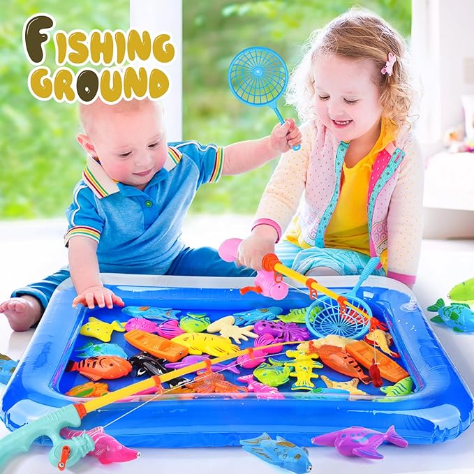 Magnetic Fishing Game 30 PC Ocean Sea Floating Fish Colorful Animals with Net Portable Storage Bag | Water Table Kiddie Pool Bathtub Game for Age 3 4 5 6 Year Kids Toddler(Large Set)