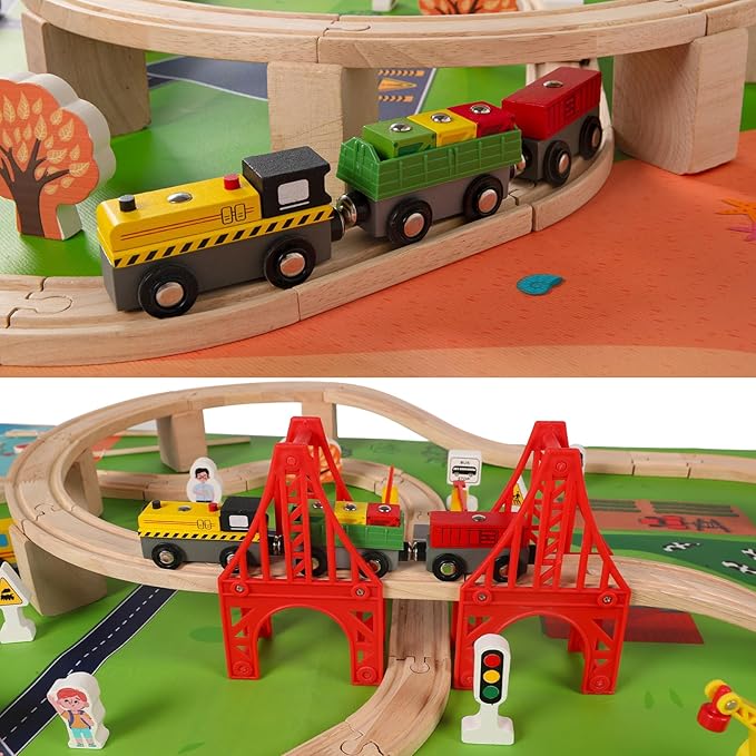100 Pcs Wooden Train Track Set, Toys Train Railway Vehicles for 3-10 Years Old Kids Boys & Girls Christmas Toys, Fits with Thomas, Brio, IKEA, Melissa and Doug