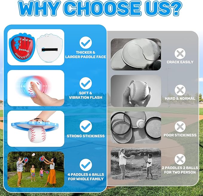 CozyBomB Toss and Catch Ball Game Set - Toddler Sports and Outdoor Toys, Sticky Baseball Glove Catch Games for Kids, Birthday Gifts for 3-10 Year Old Boys Girls (4 LED Paddle 6 Balls Vibration Flash)