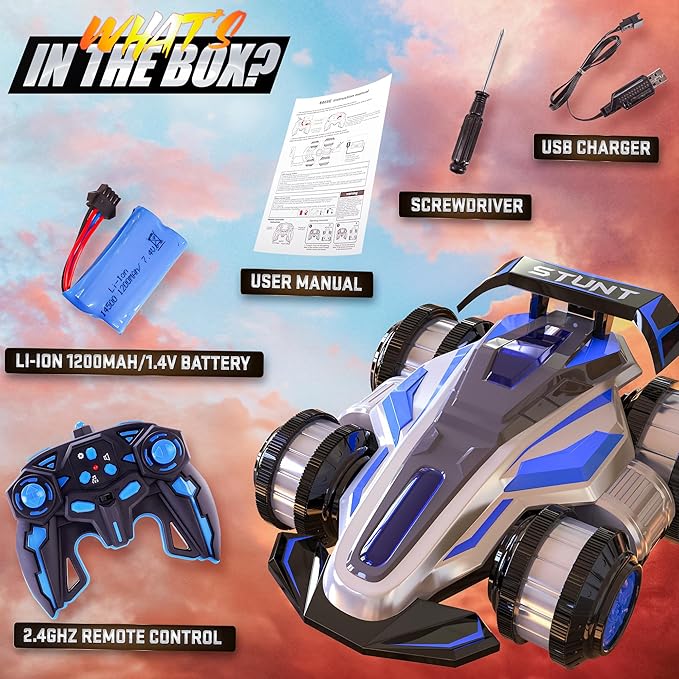 BEZGAR Upgraded Remote Control Cars for Boys Age 4-7 - 360 Spin Rotating Fast RC Vehicle, 4WD Upright Walking Rc Stunt Car with LED Lights Music, 2.4Ghz Indoor/Outdoor All Terrain Cars(Blue)