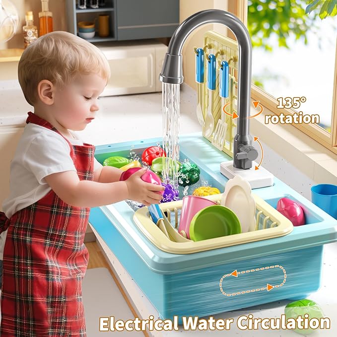 Play Sink with Running Water, Play Kitchen Toys Sink for Kids 3 4 5 6 7 Years Old, Electrical Dishwasher, Color Changing Kitchen Accessories, Dishes Games, Gifts for Toddlers 3-5