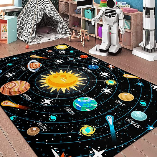 Universe Planet Area Rugs Outer Space Rugs for Boys Bedroom Educational Sofa Floor Mat Galaxy Solar System Theme Throw Rugs for Indoor Outdoor Carpets Crystal Polyester Mats Oversized, 5'×7'