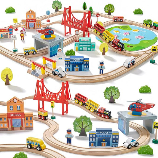 Tiny Land Train Set 110pcs Wooden Train Set, Toy Train Set with Tracks & Accessories, Montessori Toys for Boys & Girls Ages 3-7, Birthday Gift Railway Set for Toddlers & Kids