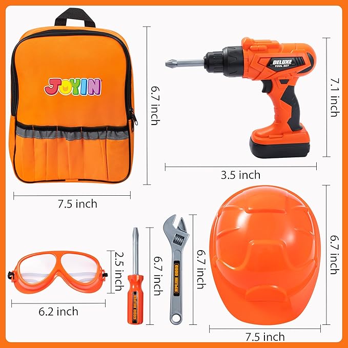 JOYIN 32PCS Kids Tool Set, Pretend Play Toddler Tool Toys with Construction Backpack Costume & Electronic Toy Drill for Boy Girl Halloween Present Birthday Dress Up Party