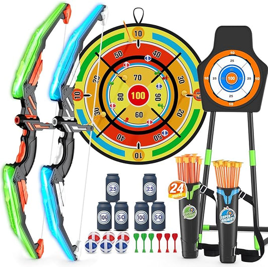 2 Pack Kids Bow and Arrow with 29" Large Dart Board, LED Light Up Archery Set with 24 Suction Cup Arrows, Indoor Outdoor Sport Toys Gifts for 3 4 5 6 7 8 9 10 11 12 Year Old Boys Girls