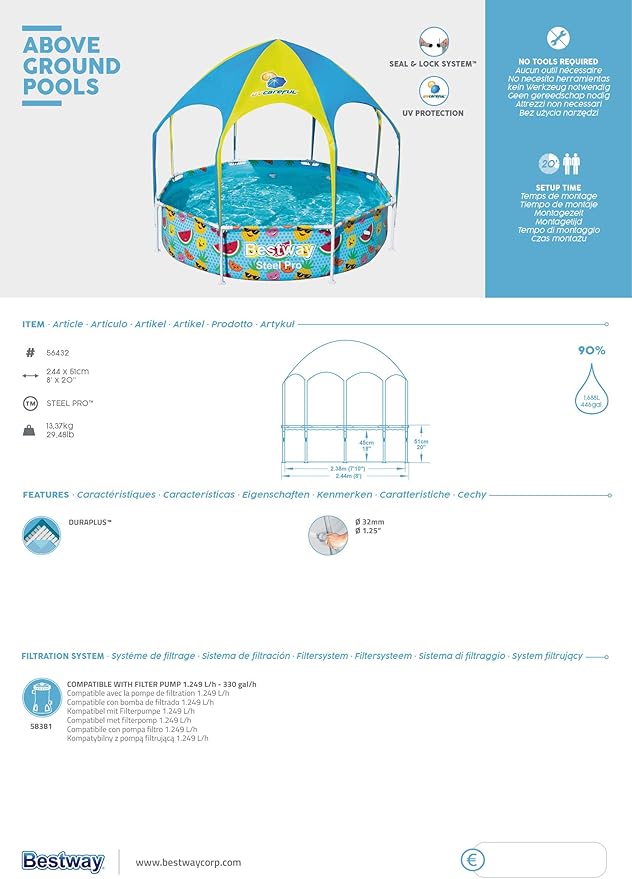 H2OGO! Kids Splash-in-Shade 8-Foot Round Steel Frame Above Ground Pool with Water Mister and Canopy Sunshade, Green Tropical Leaf Print