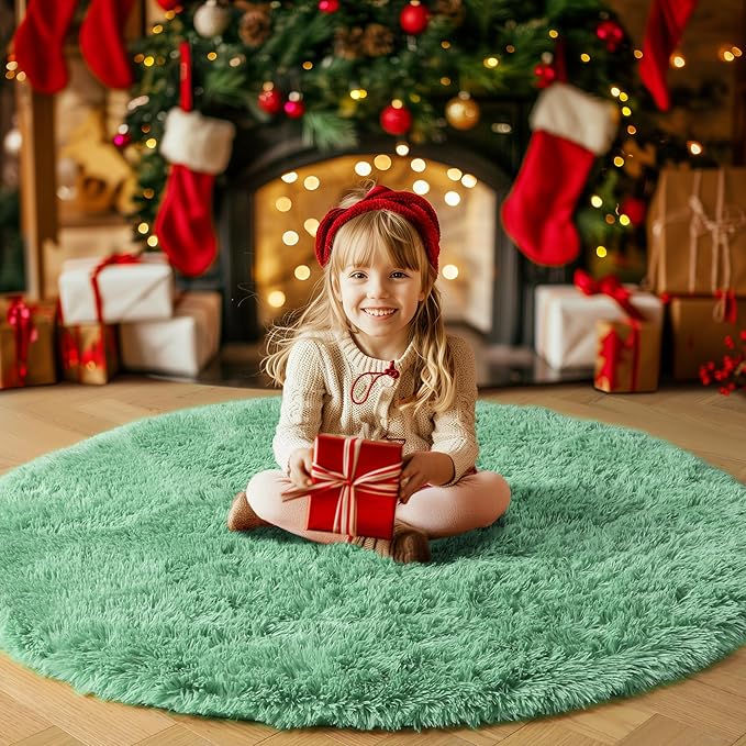 Amdrebio Sage Green Round Rug 4Ft for Bedroom Aesthetic, Fluffy Furry Circle Rugs for Nursery, Classroom, Teen Boys, Baby Kids Room Decor, Cute Shaggy Area Rug for Dorm, Fuzzy Plush Light Mint Carpet