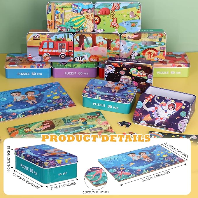 12 Boxes Party Favors Jigsaw Puzzles in a Metal Box for Age of 4-8, Wooden Puzzle for Ages 4-8 Boys and Girls Learning Educational Jigsaw Pieces Toys, 12 Styles(Novel)