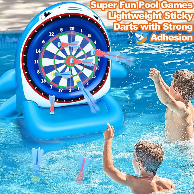 45" Large Inflatable Pool Toys Shark Dart Board with 8 Sticky Darts, Swimming Pool Floats Water Games for Kids Adults Family Summer Beach Yard Outdoor Play Cool Party Gift for Boys Girls 6-12 Years