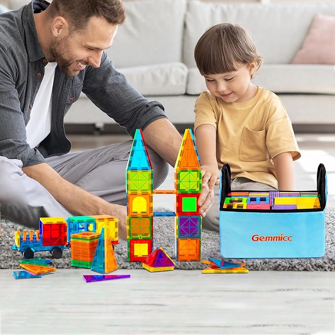 Gemmicc Magnetic Tiles, 126 PCS + Storage Case, STEM Building Blocks Magnet Toys for Kids,Educational Building Toy Stacking Blocks for Boys Girls,Huge Set with 2 Cars