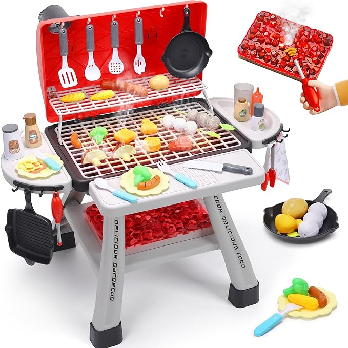 CUTE STONE Kids Grill Playset,Kitchen Playset with Realistic Smoke, Sound, Light, Kids BBQ Grill Toy Cooking Playset for Toddler,Indoor Outdoor Backyard Play Toys for Boys Girls, 23.6" H