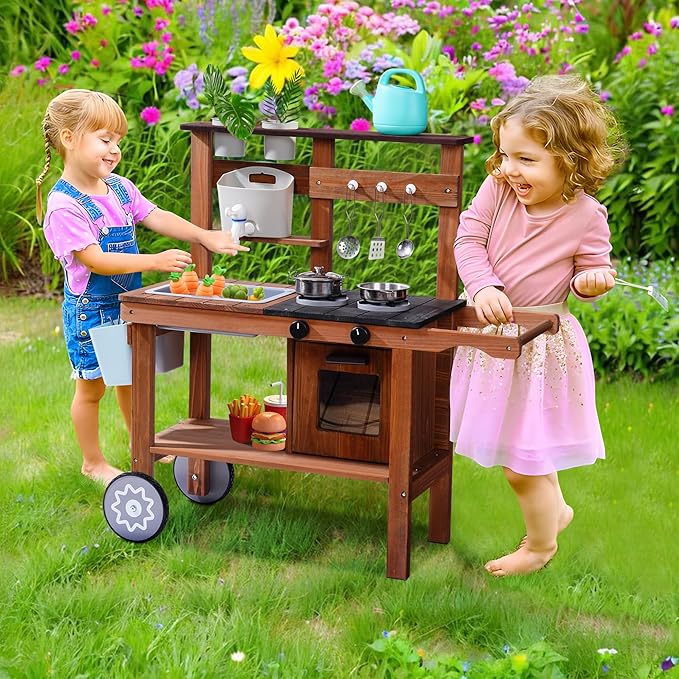 ROBUD Mud Kitchen for Kids Outdoor with Wheels, Wooden Outdoor Play Kitchen, Kids Mud Kitchen with Removable Sink & Faucet, Monteeori Toys for Children Ages 3+ Years, WG403