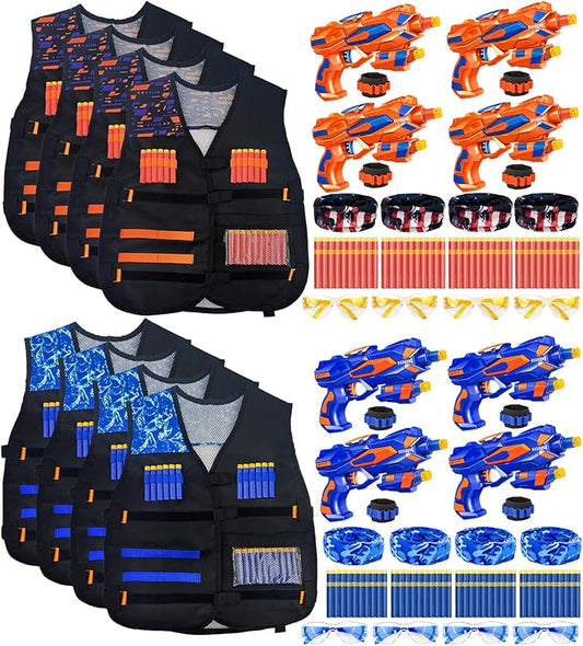Kids Party Supplies Favor Kit for Nerf - 8 Toys Foam Dart Guns, 8 Tactical Vests, 160 Soft-Tip Darts, 8 Protective Goggles & Masks, Wristbands – for Boys Birthday Parties, Outdoor Games