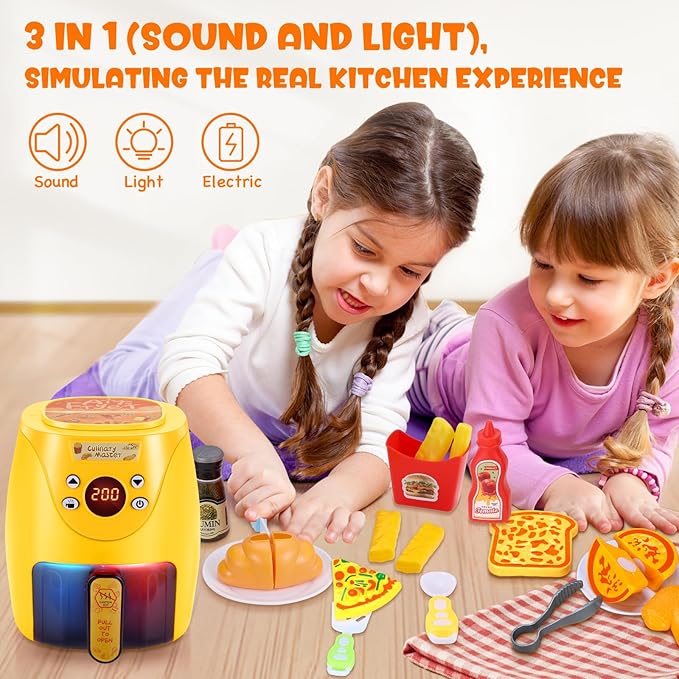 GAGAKU Kids Air Fryer with Play Food Toddler Chefs Pretend Play Food Toys Oven with Light & Sound and Play Food Grill Cooking Utensils,Cooking Toys for 3-8 Year Old Girls Boys Gift