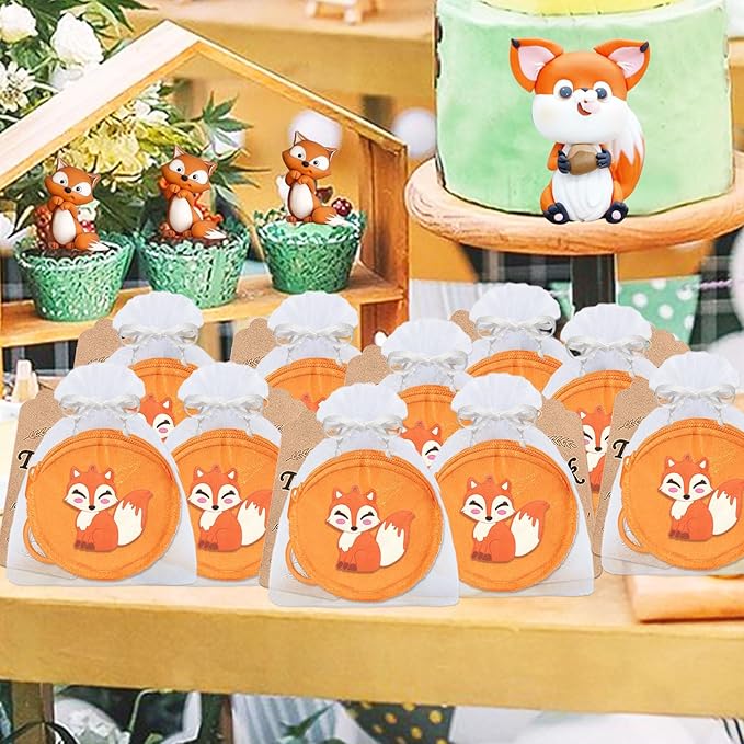 36 Pack Fox Change Purses Set Include 12 Fox Wallets with Keyring, 12 Thank You Tags and 12 Organza Bags for Woodland Animals Forest Wild One Camp Party Supplies,Orange