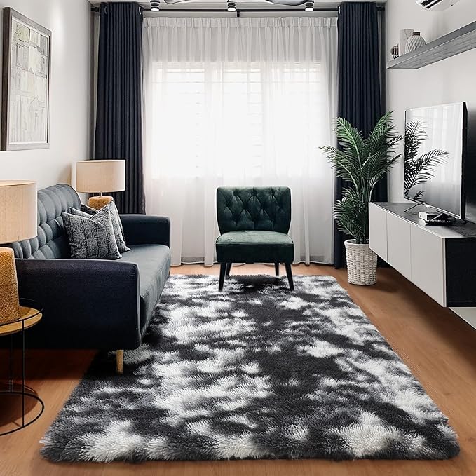 Amdrebio Black White Grey Rugs for Bedroom Living Room Decor, Fluffy Fuzzy Shaggy Furry Area Rug 5x7 for Kids Room Dorm Home Office Apartment, Shag Plush Floor Modern Cool Carpet for Teen Baby Boys