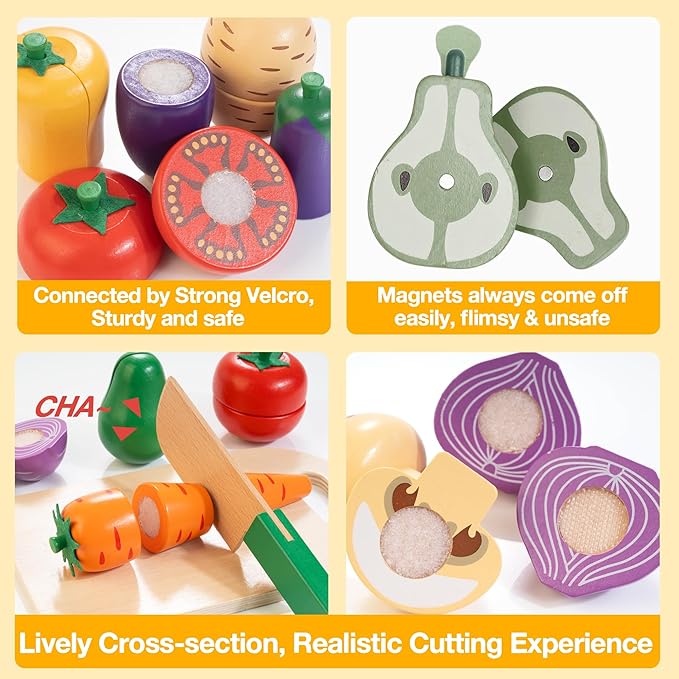 Wooden Play Food Set for Kids Kitchen | Velcro Chopping Veggies & Fruits Toy Food Set with Storage Case & Bag, Play Kitchen Accessories, Pretend Play Food for Toddlers 3+