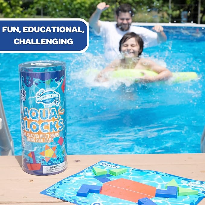 Aqua Blocks Pool Diving Game- Set Includes 40 Multi-Shape Sinking Toys,18 Challenge Cards w 3 Difficulty Levels, Mesh Storage Bag- Kids Swimming Activity Game- Outdoor 4th of July Summer BBQ Party Fun