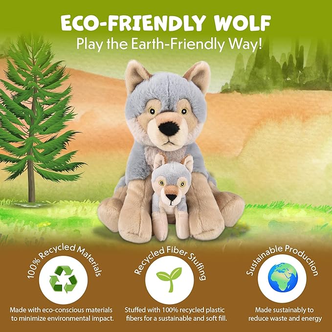 Mom and Baby Stuffed Animals for Boys & Girls, Safari Baby Shower Decorations, Nursery Decor, Zoo Animals for Toddlers, Quality Realistic Toys for Kids, Cute, Soft, Huggable, Squeezable (9.5" Wolf)