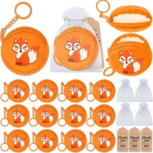 36 Pack Fox Change Purses Set Include 12 Fox Wallets with Keyring, 12 Thank You Tags and 12 Organza Bags for Woodland Animals Forest Wild One Camp Party Supplies,Orange