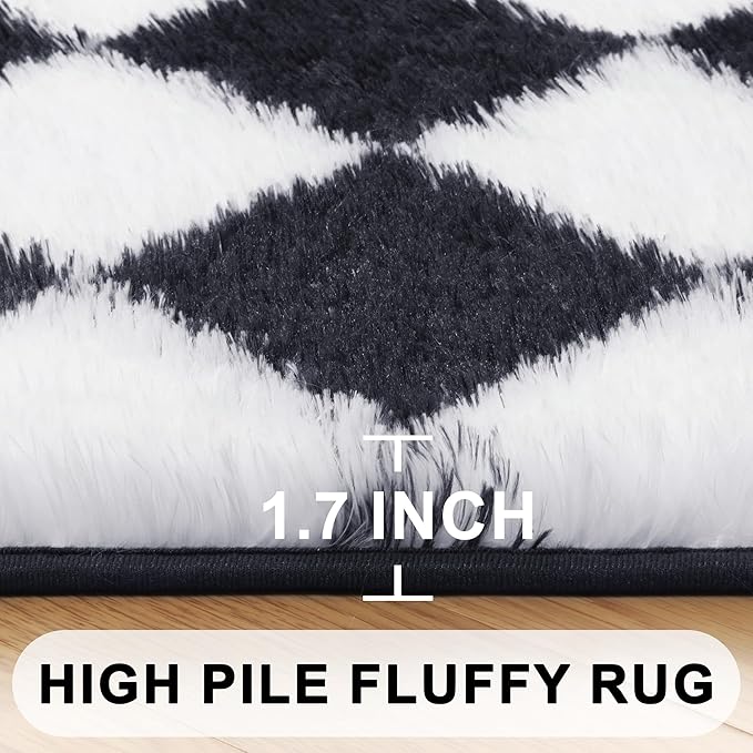 ONASAR 2x6 Checkered Runner Rugs, Soft Fluffy Black and White Rug, Shag Fuzzy Shaggy Plush Rugs for Bedroom, Non-Slip Cozy Bedside Hallway Bedroom Rug for Kids Boys Dorm Home Decor Aesthetic